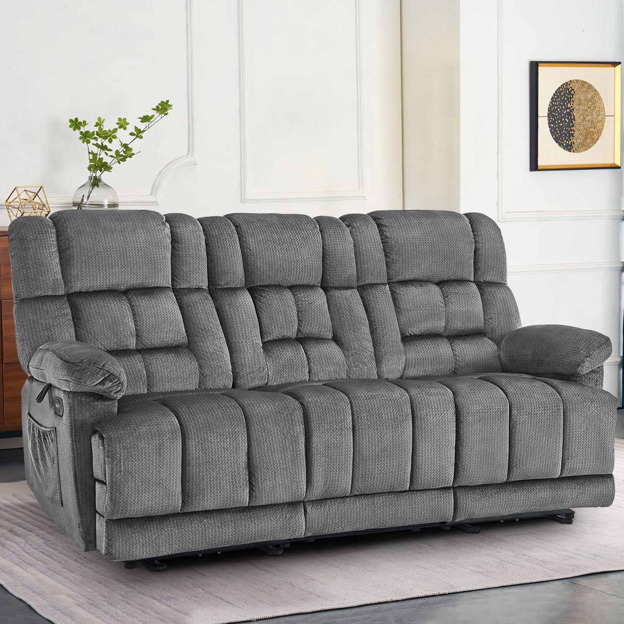 MCombo Zero Gravity Power Recliner Sofa with Drop Down Table, Heat and Vibration Massage, 3 Seater Dual Reclining Couch with USB Ports, Cup Holders for Living Room, Fabric RS6236 (Grey) MCombo