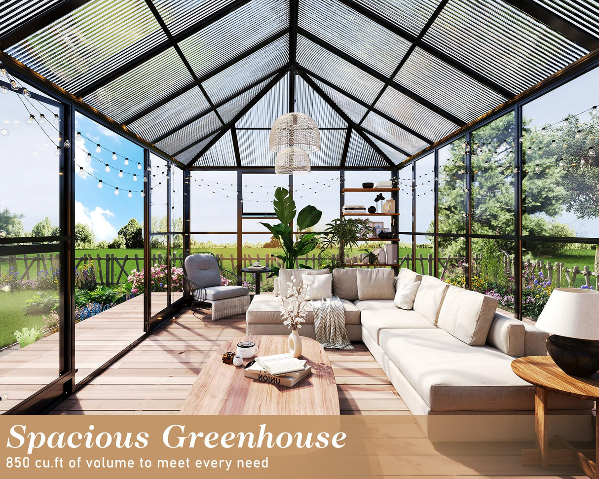 HOWE 14x9.5x9 FT Pavilion Styled Greenhouse with Clear Panels Double Swing Doors, 6 FT Wall Height Hybrid Polycarbonate Greenhouse, Green Houses for Outdoors, Sunroom Black HOWE