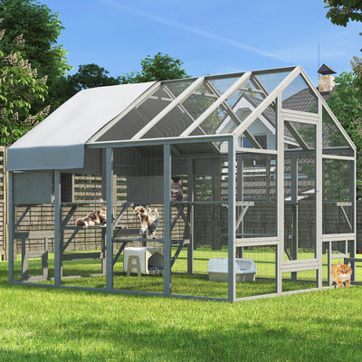 TIMHAKA Cat Catio, Large Catio Outdoor Cat Enclosure for Multiple Cats with 7 Platforms, 2 Resting Box and 2 Bridges, Wooden Feral Cat Shelter with Waterproof and UV Proof Canopy, 71 x 71 x 97 inch