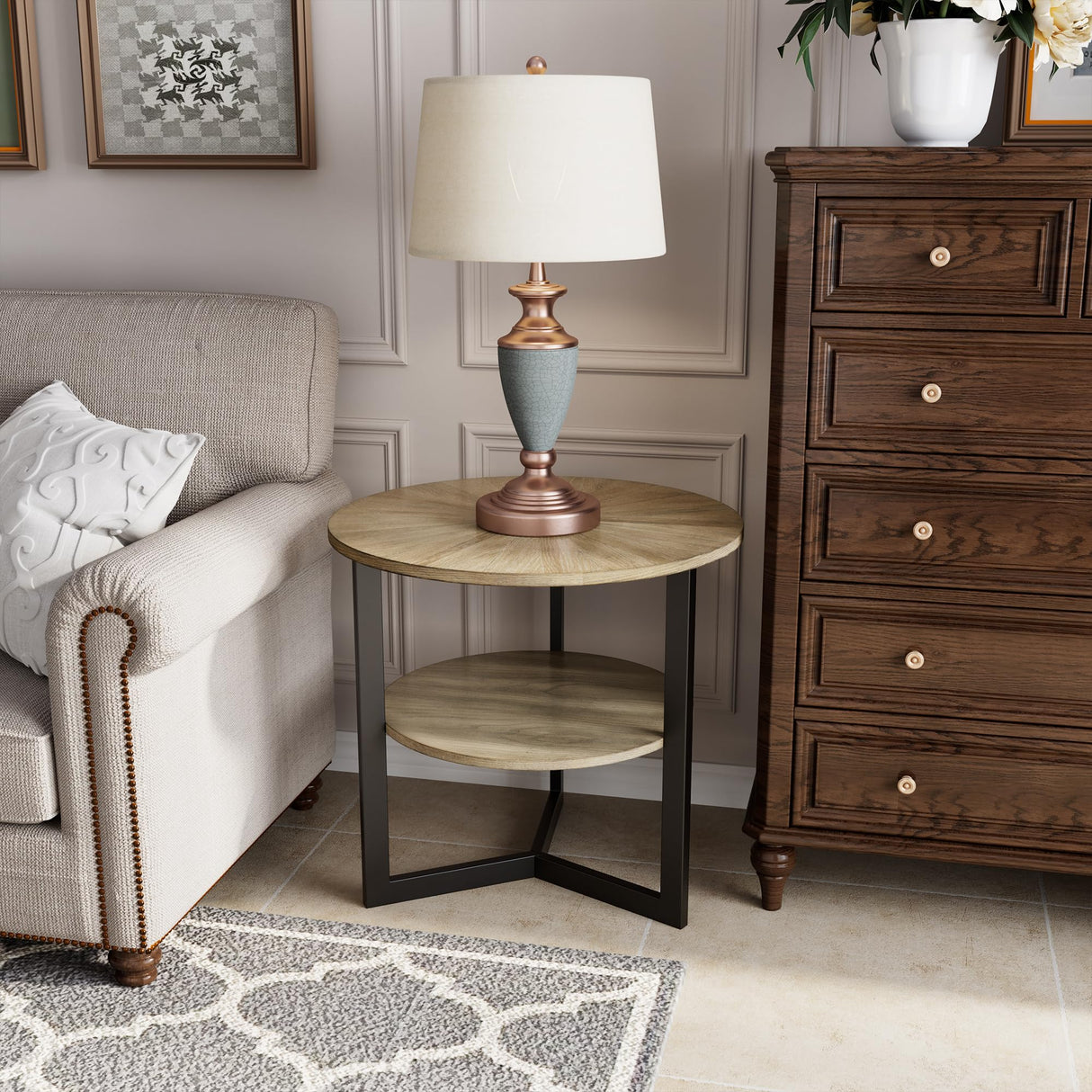 LEEMTORIG Round End Table with Storage, Farmhouse Circle Side Table for Living Room, Solid Wood 2-Tier Nightstand, Natural Wood Tabletop & Black Metal Frame, 25.2" D x 24" H, CJZ-1338 LEEMTORIG