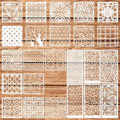 WSICSE 24Pcs Stencils for Painting, Reusable Geometric Painting Stencils Abstract Layering Stencil for Painting on Wood Canvas Furniture Floor Decor DIY Supplies, white