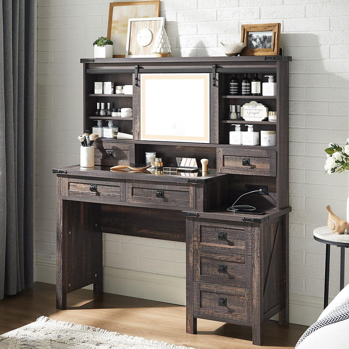 T4TREAM 48'' Farmhouse Makeup Vanity Desk with Sliding HD Mirror and Lights, Big Modern Lighted Vanity Table with 7 Drawers & Shelves, Rustic Large Dressing Table for Bedroom, Dark Rustic Oak T4TREAM
