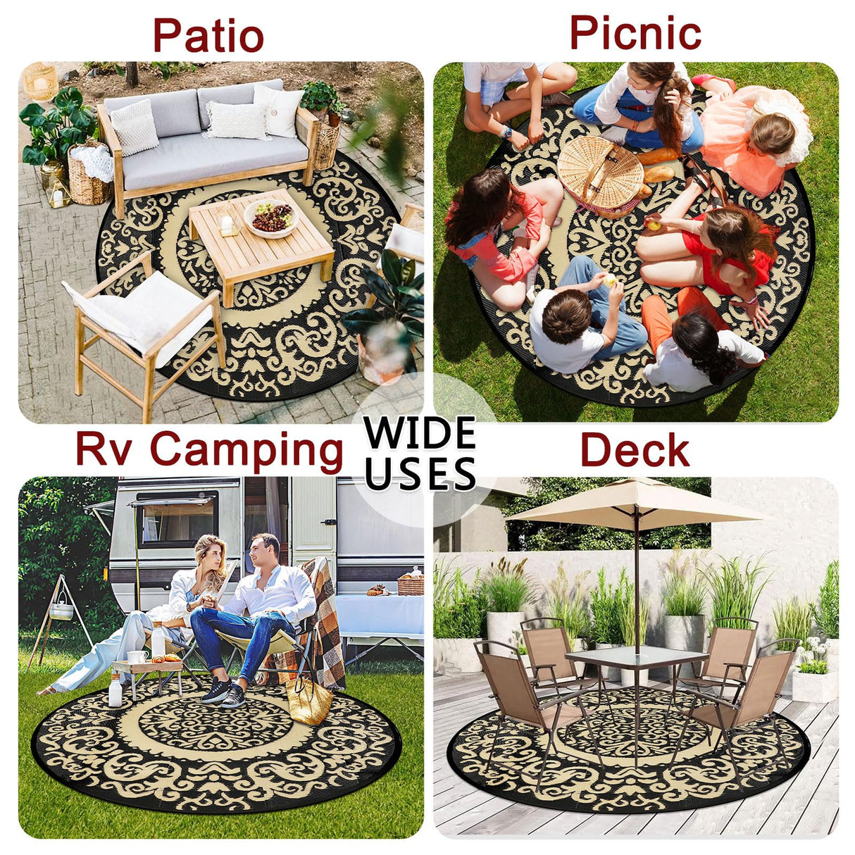 Homcomoda Round Outdoor Rugs for Patio 6ft Waterproof Clearance Reversible Patio Rugs Lightweight Outdoor Rugs Plastic Straw Rugs Portable RV Camping Rug Mat for Outdoor Porch Beach BBQ Beach Backyard Homcomoda