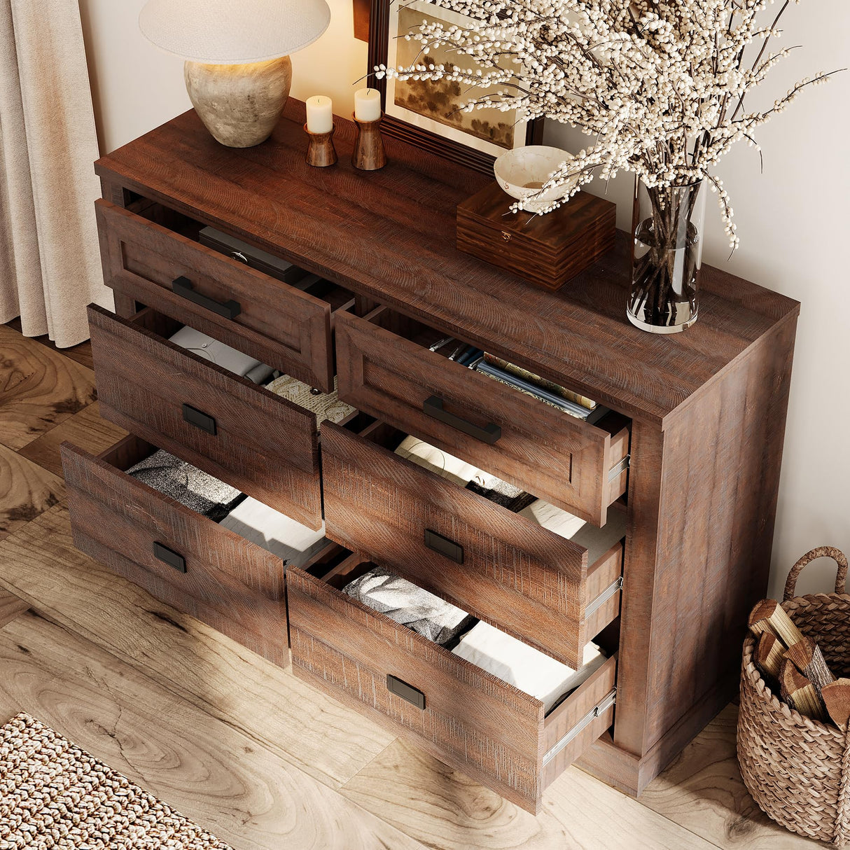 WAMPAT Dresser for Bedroom with 12 Drawers, 2 Pack 6 Drawer Chest with Metal Handles, 94.5 inch Wide Solid Wood Nursery Dresser,Rustic Brown WAMPAT