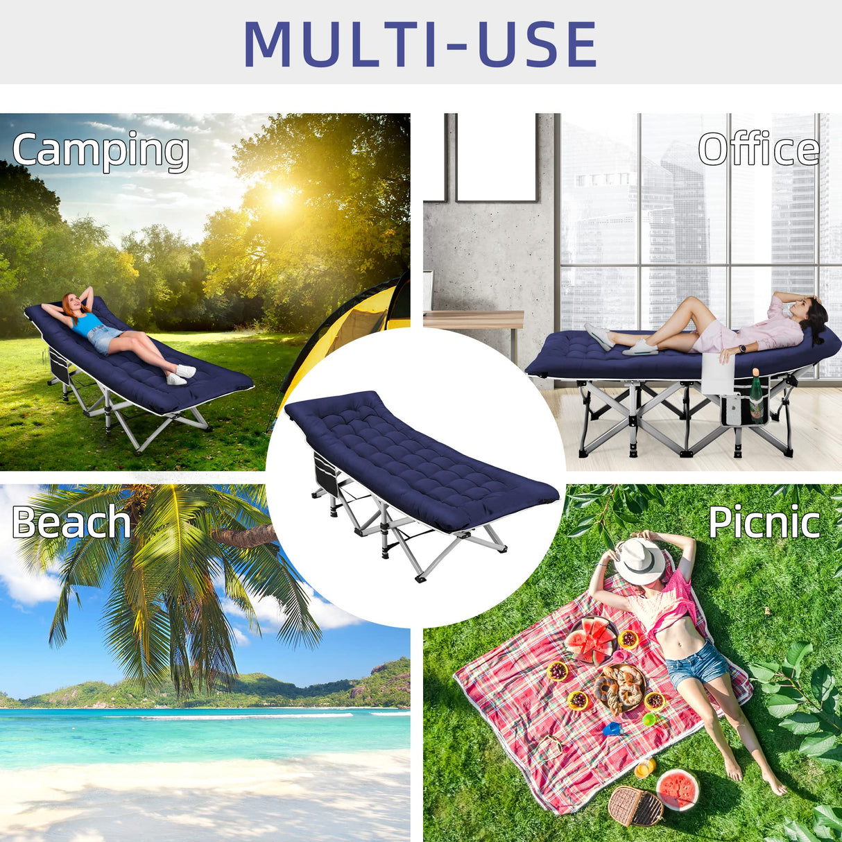 Fragess Portable Camping Cot, Sleeping Cot for Adult, 28" Extra Wide Heavy Duty Folding Cot Max Load 600LBS with Thick Mattress, Portable Camping Bed for Camp Outdoor/Office, Home Nap (Blue) Fragess