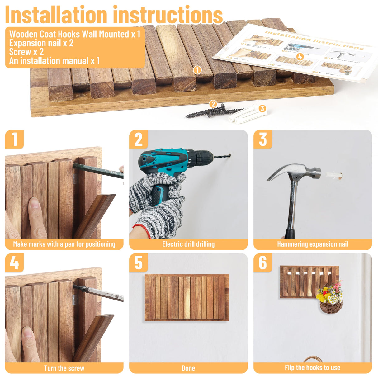 KYIAANY Coat Rack Wall for Farmhouse: Wood Rustic 6 Hooks Mount 10.4inch Retractable Wall Mounted for Small Spaces Entryway Hallway Bathroom for Hanging Jacket Towel Backpack Bag KYIAANY