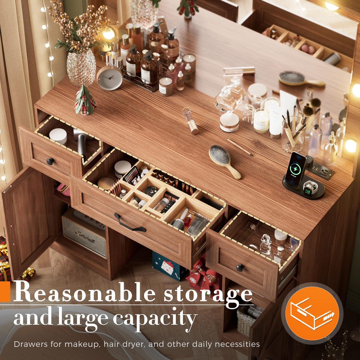 SPERTIKC Vanity Desk with Lights 3 Models Settings, Brown Vanity with Chair, Make up Vanity Desk with Mirror and Lights,Vanity with 5 Drawers for Bedroom, Dressing Room SPERTIKC