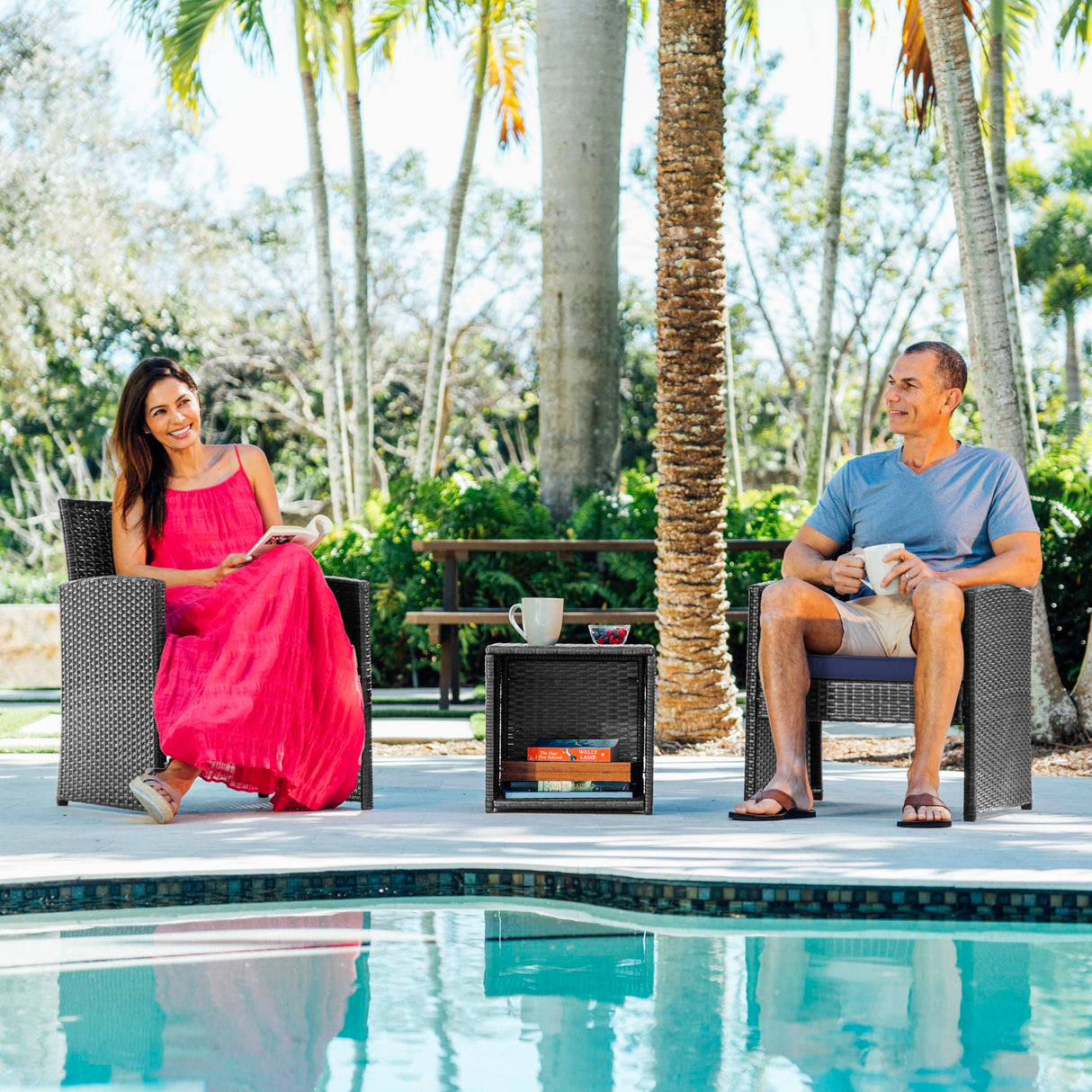 Nestl Wicker Outdoor Furniture Set - 3 Piece Patio Bistro Set (Grey/Navy) Nestl