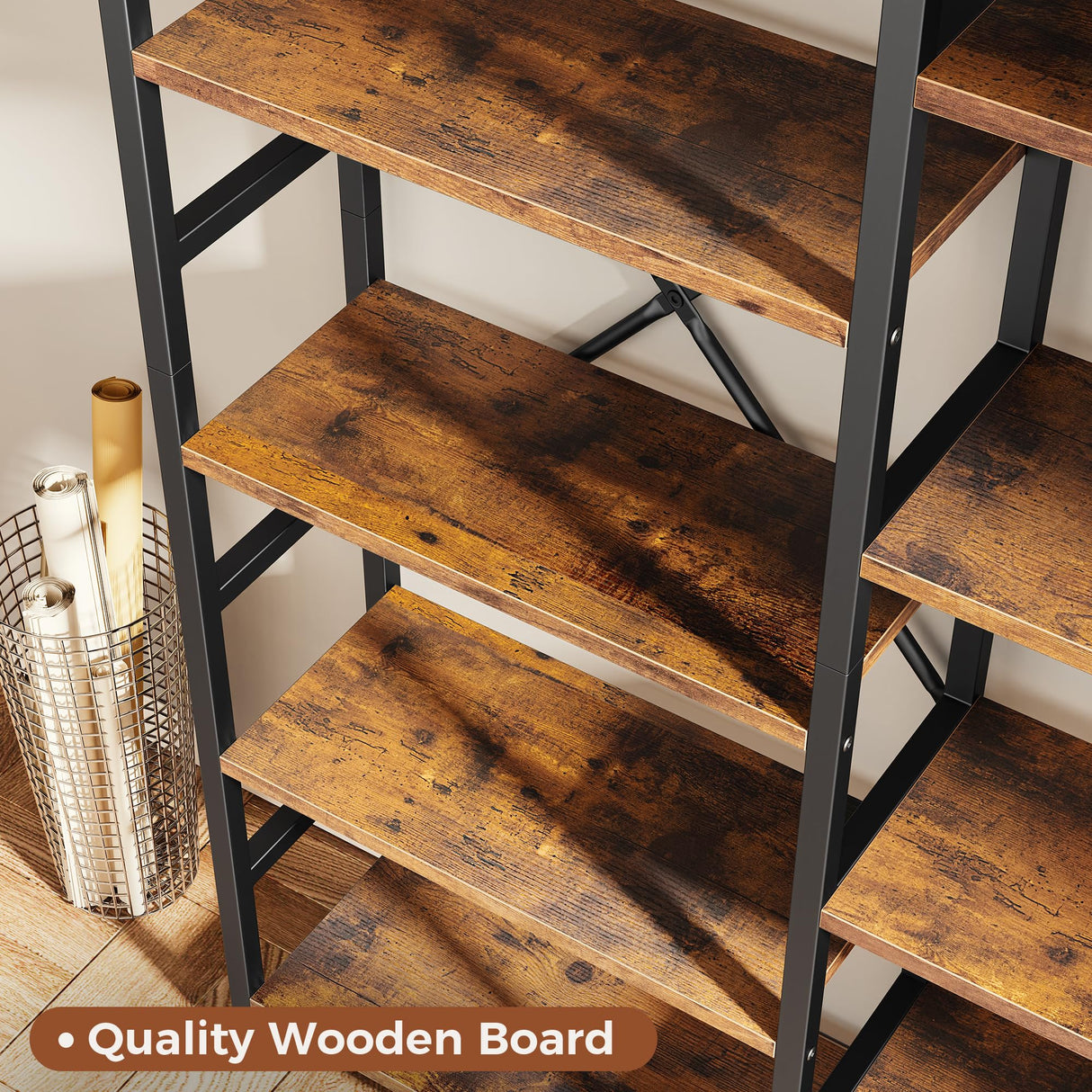 SUPERJARE Triple 5 Tier Bookshelf, Bookcase with 14 Open Display Shelves, Wide Book Shelf Book Case for Home & Office, Rustic Brown SUPERJARE