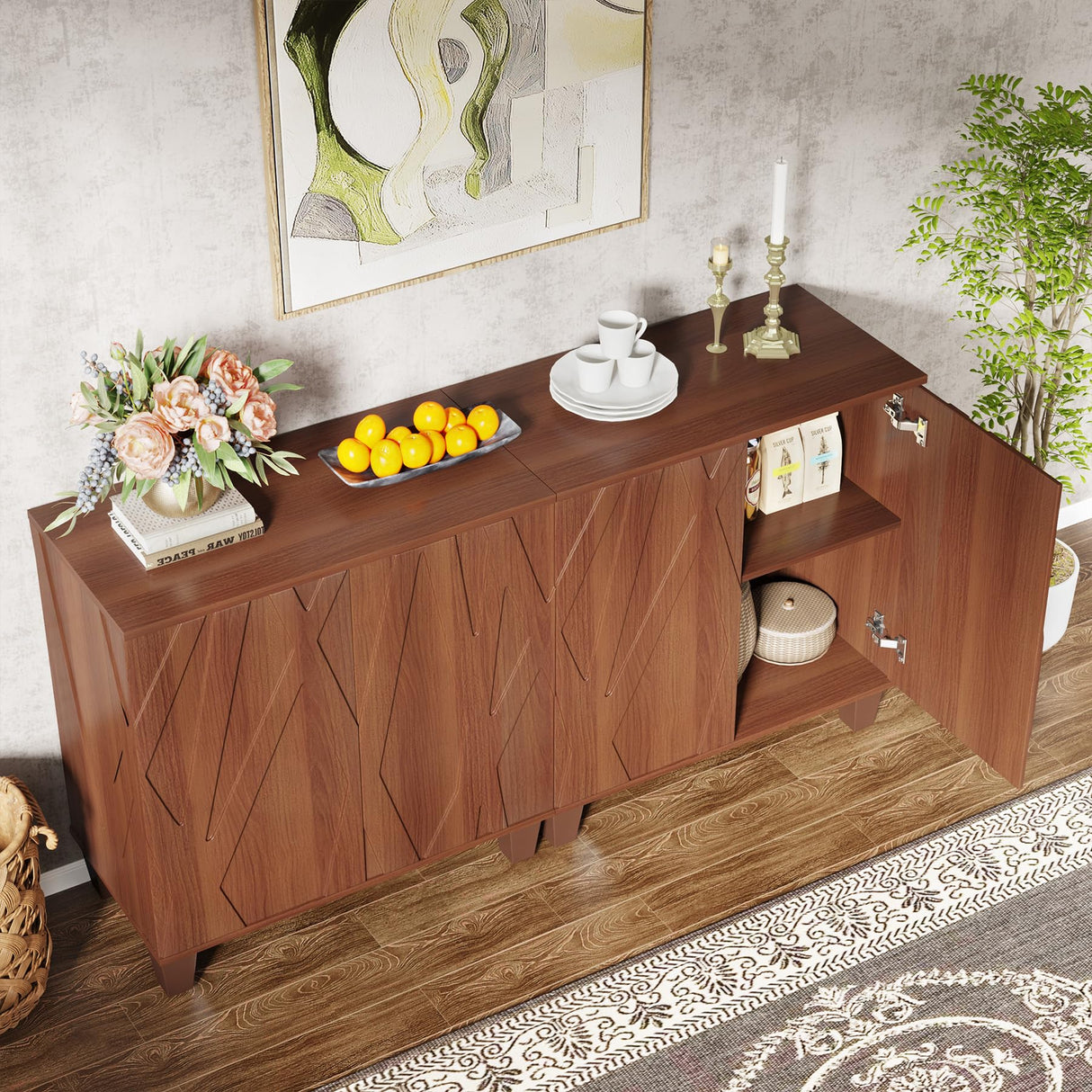 Tribesigns Sideboard Buffet Storage Cabinet Set of 2, Retro Kitchen Sideboard Cabinet with Adjustable Shelves 55" Accent Cabinet with Doors for Living Room, Walnut (Walnut) Tribesigns