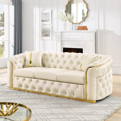 DAMAIFROM Mid Century Modern Chesterfield Sofa Couch, 90.6" Velvet Couch White and Gold Sofa Luxury Loveseat for Living Room, Tufted Sofas with 2 Pillows & Classic Golden Decor, Cream White