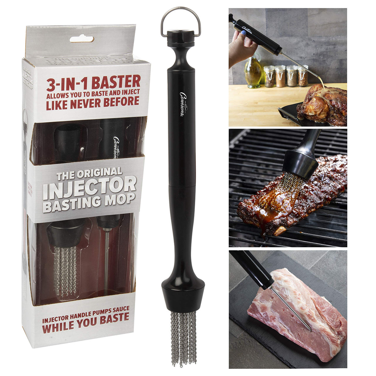 Camerons 3-in-1 Barbecue Injector Basting Mop - Baster Set Includes BBQ Chain Basting Brush & Meat Syringe to Baste, Marinate & Inject Food w Flavor - Indoor Outdoor Use - Grilling Cookout Essential Camerons