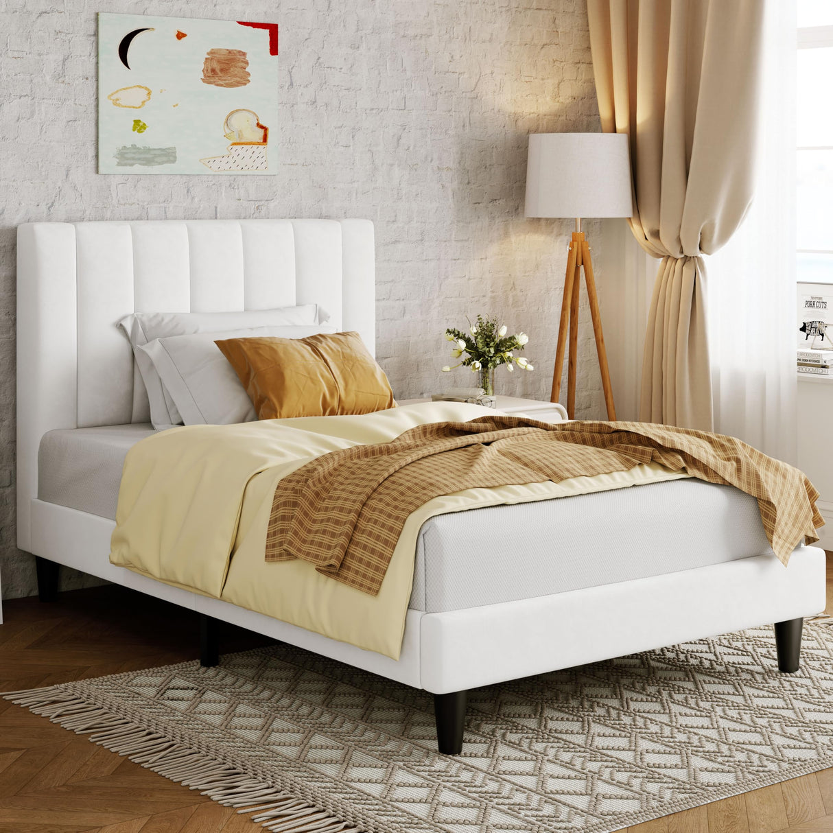 Allewie Twin Bed Frame/Velvet Upholstered Bed Frame with Vertical Channel Tufted Headboard/Strong Wooden Slats/Platform Bed Frame/Mattress Foundation/Box Spring Optional/Easy Assembly/White Allewie