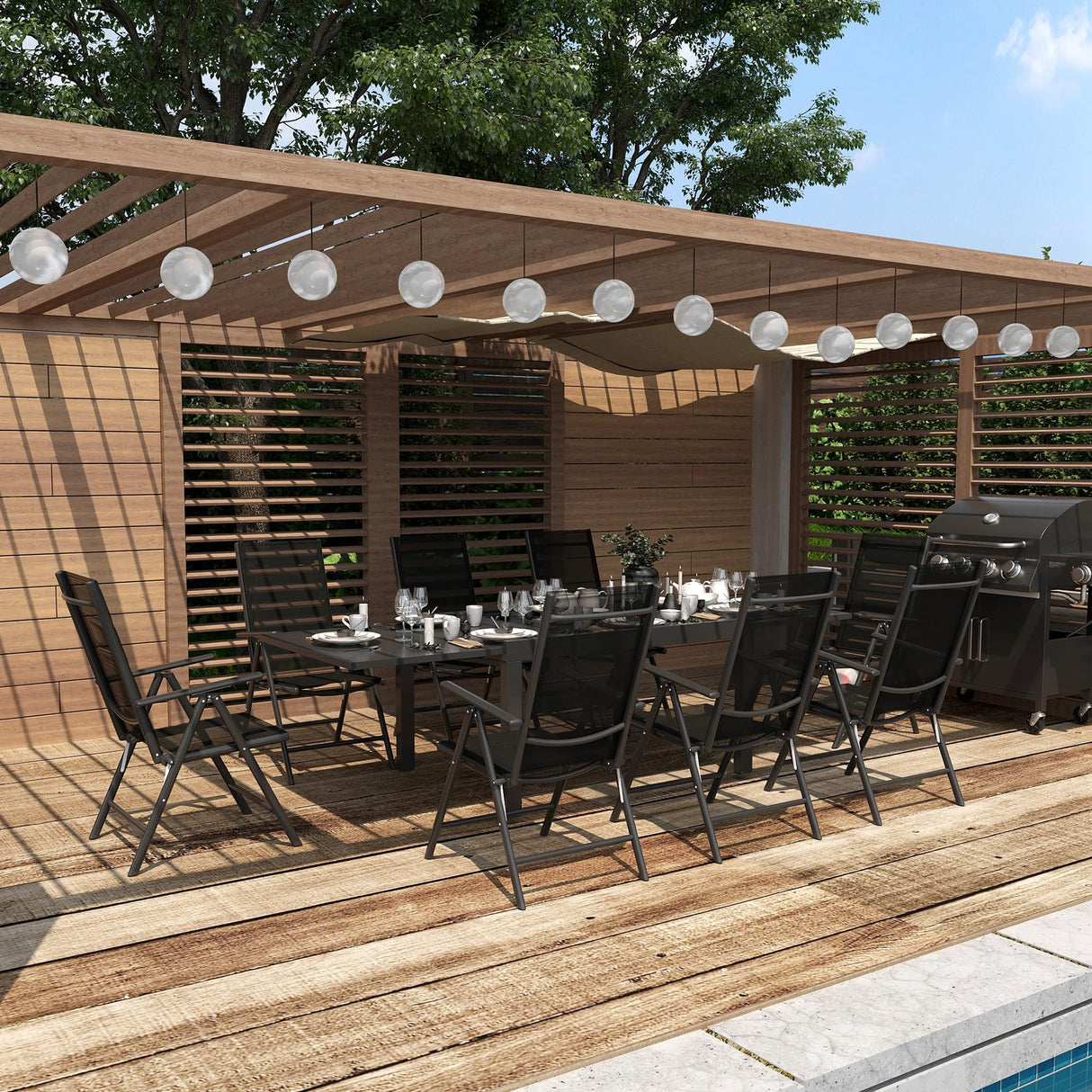 Outsunny 9-Piece Patio Dining Set for 8, Outdoor Aluminum Frames Dining Furniture Set with Expandable Table, Adjustable High Back Portable Chairs and Mesh Fabric Seats, Black Outsunny