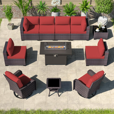Kullavik 11 Pieces Outdoor Patio Furniture Set with 55000BTU Gas Propane Fire Pit Table,PE Wicker Rattan Sectional Sofa Patio Conversation Sets,Swivel Rocking Chairs Set,Red