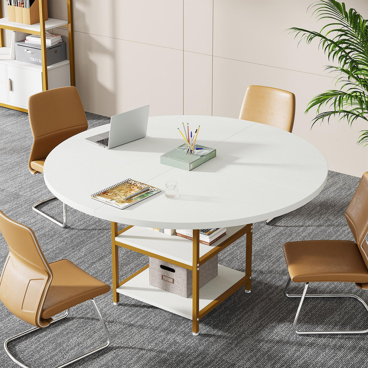 Tribesigns 47-Inch Round Conference Table for 4-6 People, Wood Meeting Room Table with Storage Shelf and Metal Legs, Modern Office Training Desk for Conference Room Seminar Room (White Gold) Tribesigns