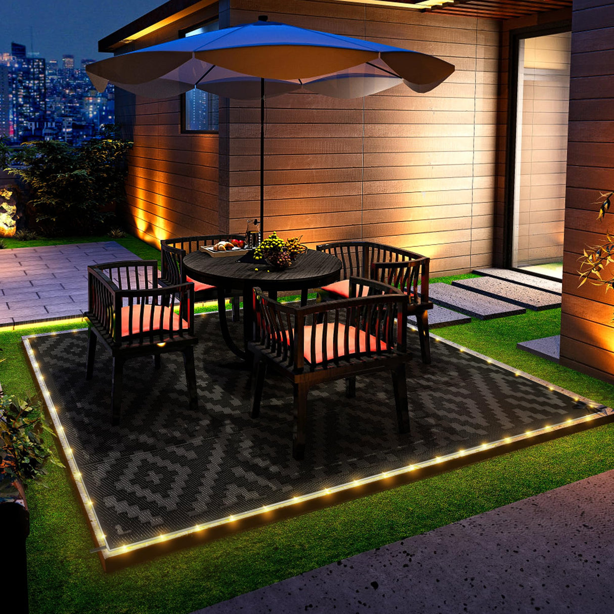 GENIMO Outdoor Rug with LED Strip Lights, 8'x10' Waterproof Camping Mat, Reversible Plastic Straw Rugs for Patio, RV, Camper, Balcony, Backyard, Picnic, Deck, Black & Gray GENIMO