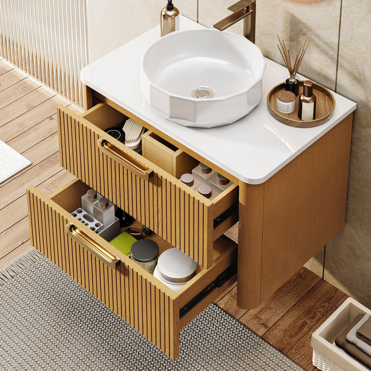 YITAHOME 30 Inch Floating Bathroom Vanity with Sink, Wall-Mounted Vanity with Engineered White Stone Top, 2 Large Storage Drawers with Faceted Ceramic Basin, Wood Grain Texture, Light Walnut YITAHOME