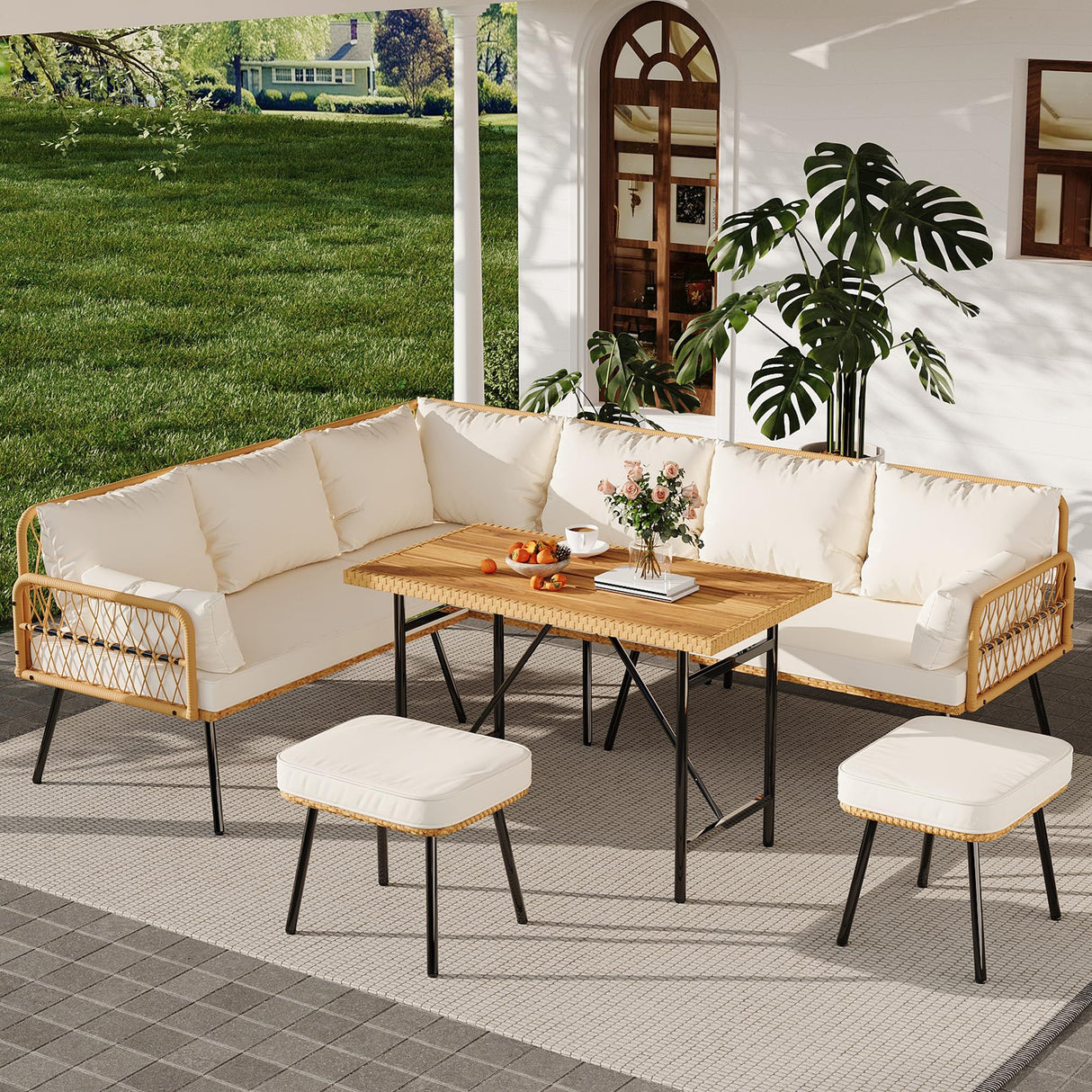 Senfot 6 Pieces Outdoor Patio Furniture Set with Table, All-Weather Boho Wicker Rattan Patio Sectional L-Shaped Sofa, Metal Frame, Detachable Cushions, for Patio, Balcony, Backyard, Deck, Beige Senfot