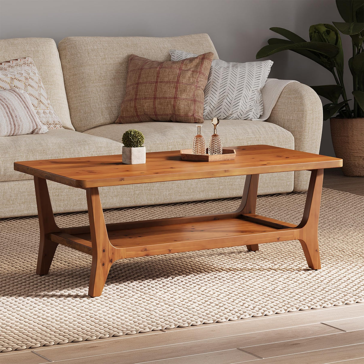 LITTLE TREE Solid Wood Coffee Table, 47-Inch Living Room Center Table with Shelf, 2-Tier, Smooth Corners, Child-Friendly, Easy Assembly, Brown LITTLE TREE