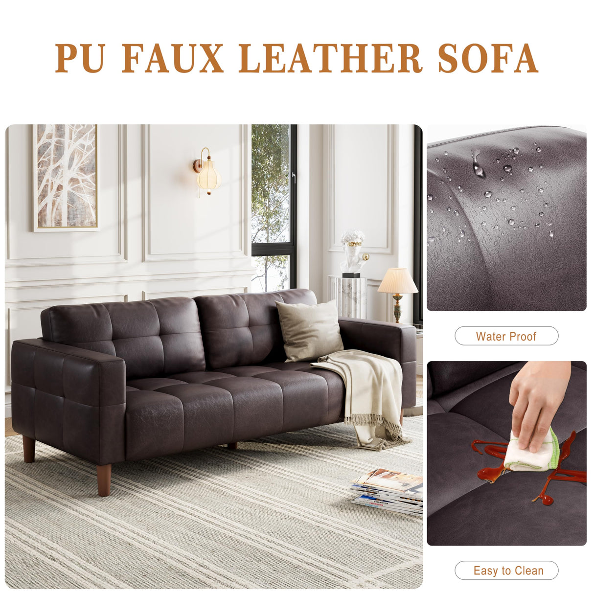 GarveeHome 3-Seater Sofa Couch, 83" Wide Faux Leather Sofa Couch with Spring Cushion, Modern Sofa with Deep Seats and 2 Removable Back Cushions, for Living Room, Bedroom, Apartment, Office, Dark Brown GarveeHome