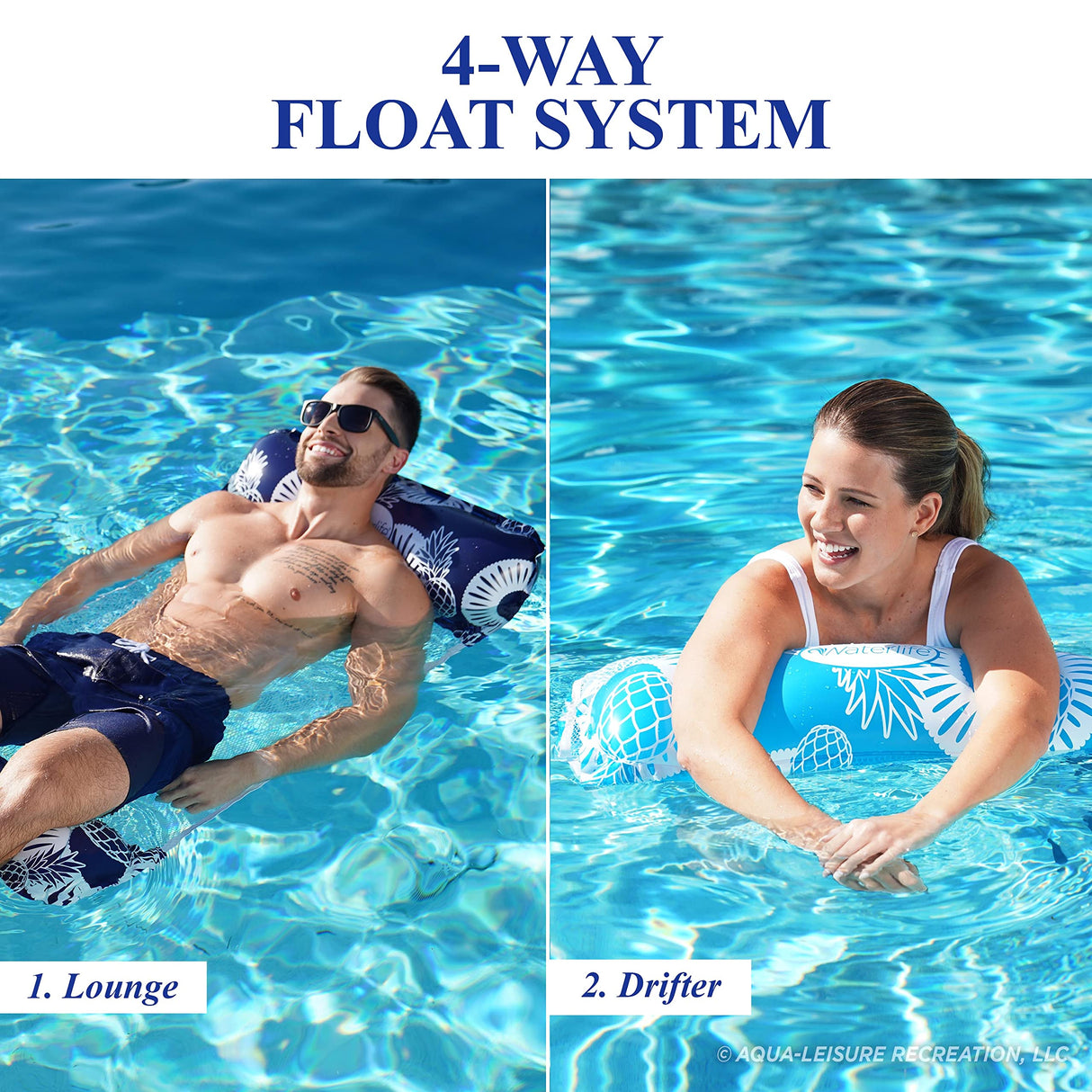 Waterlife 4-in-1 Pool Hammock 2-Pack, Inflatable Pool Chair Float, Water Hammock (Saddle, Lounge Chair, Hammock, Drifter), Navy & Light Blue Aqua LEISURE