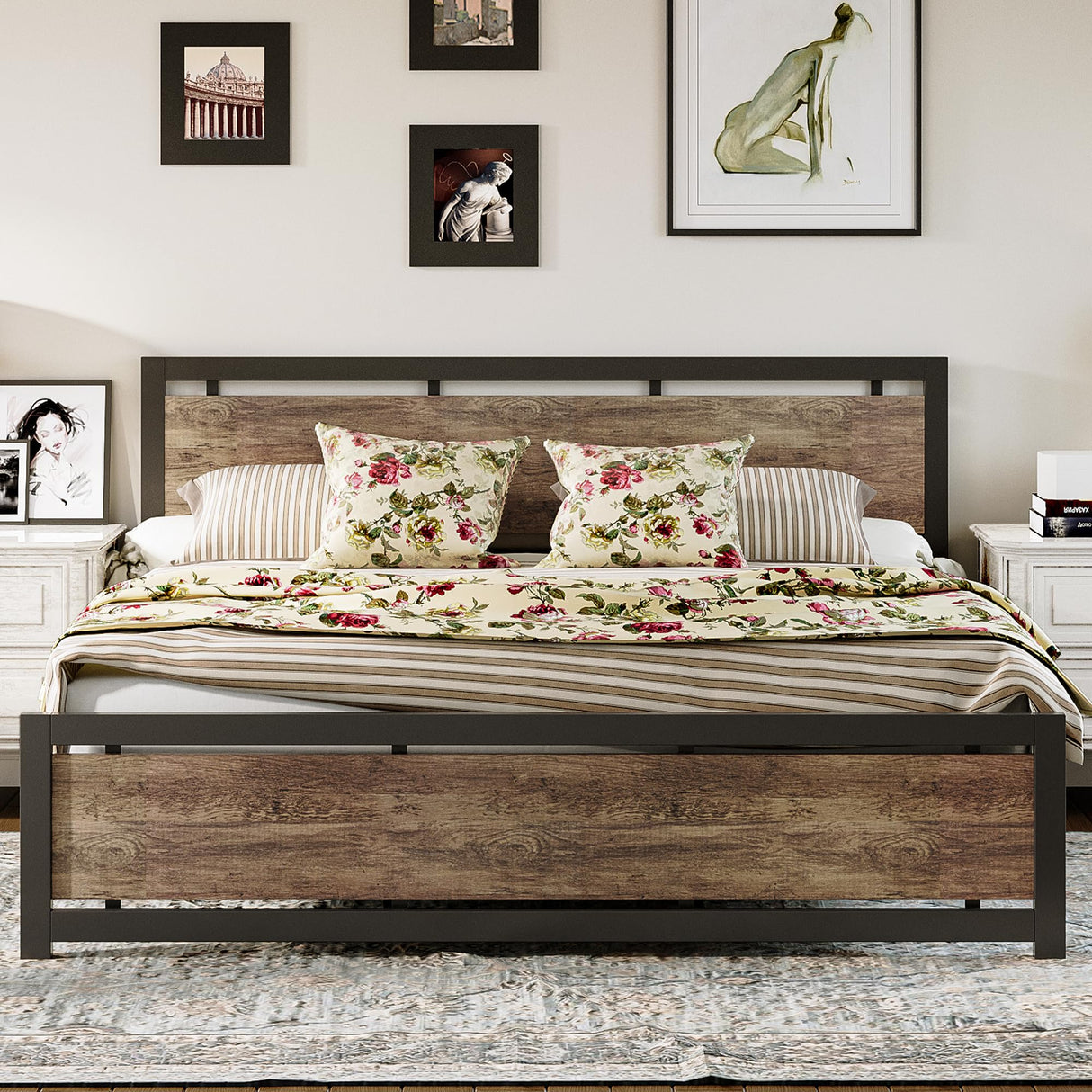 LIKIMIO Walnut King Bed Frame with Headboard & Footboard - Sturdy, Noise-Free Design with Ample Underbed Storage LIKIMIO