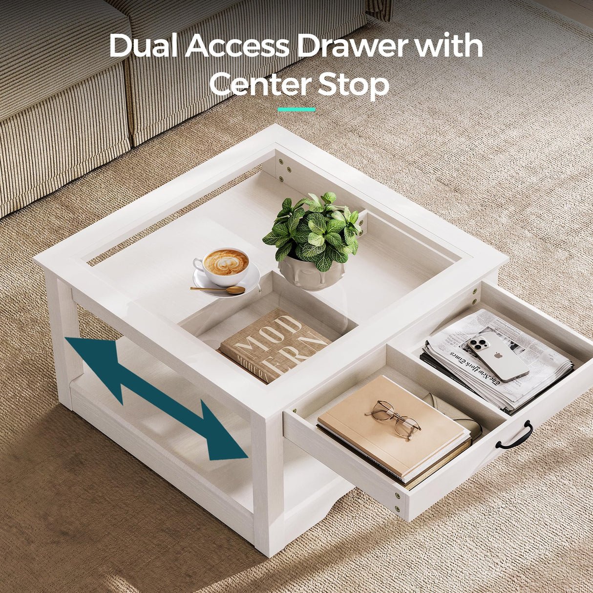 LINSY HOME Coffee Table, 31.5" Square Coffee Table with Glass Tabletop, Open Display Area and Storage Drawer, Modern Farmhouse Center Table for Living Room, White LINSY HOME