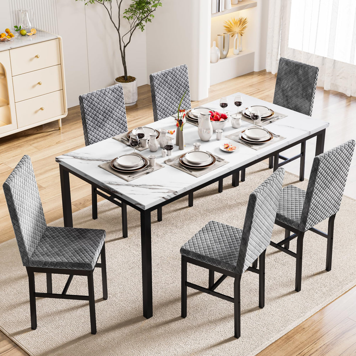 Recaceik 7 Piece Dining Table Set for 6 with Chairs of Velvet Foam, Faux Marble Kitchen Dining Table Set for Small Space, Living Room, Apartment (Grey) Recaceik