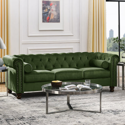 Asucoora Tufted Velvet Sofa Couch for Living Room, Rolled Arm 3-Seater Sofa Couch with Nailhead Trim and 2 Neck Roll Pillows, Small Apartment Chesterfield Sofa Green