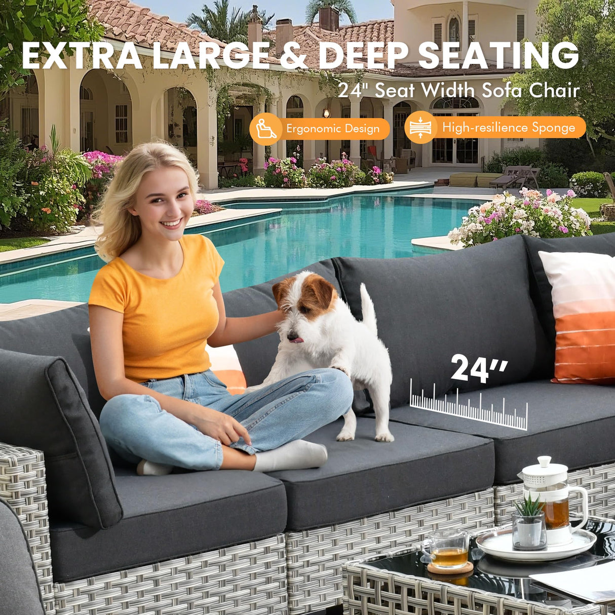 Outdoor Sectional Patio Furniture Set with Fire Pit Table and Glowing Table,6 Pieces Wicker Conversation Sets L Shaped Couch Out Door Sofa Set Outside Furniture for Garden Deck Yard,Black POUUIN