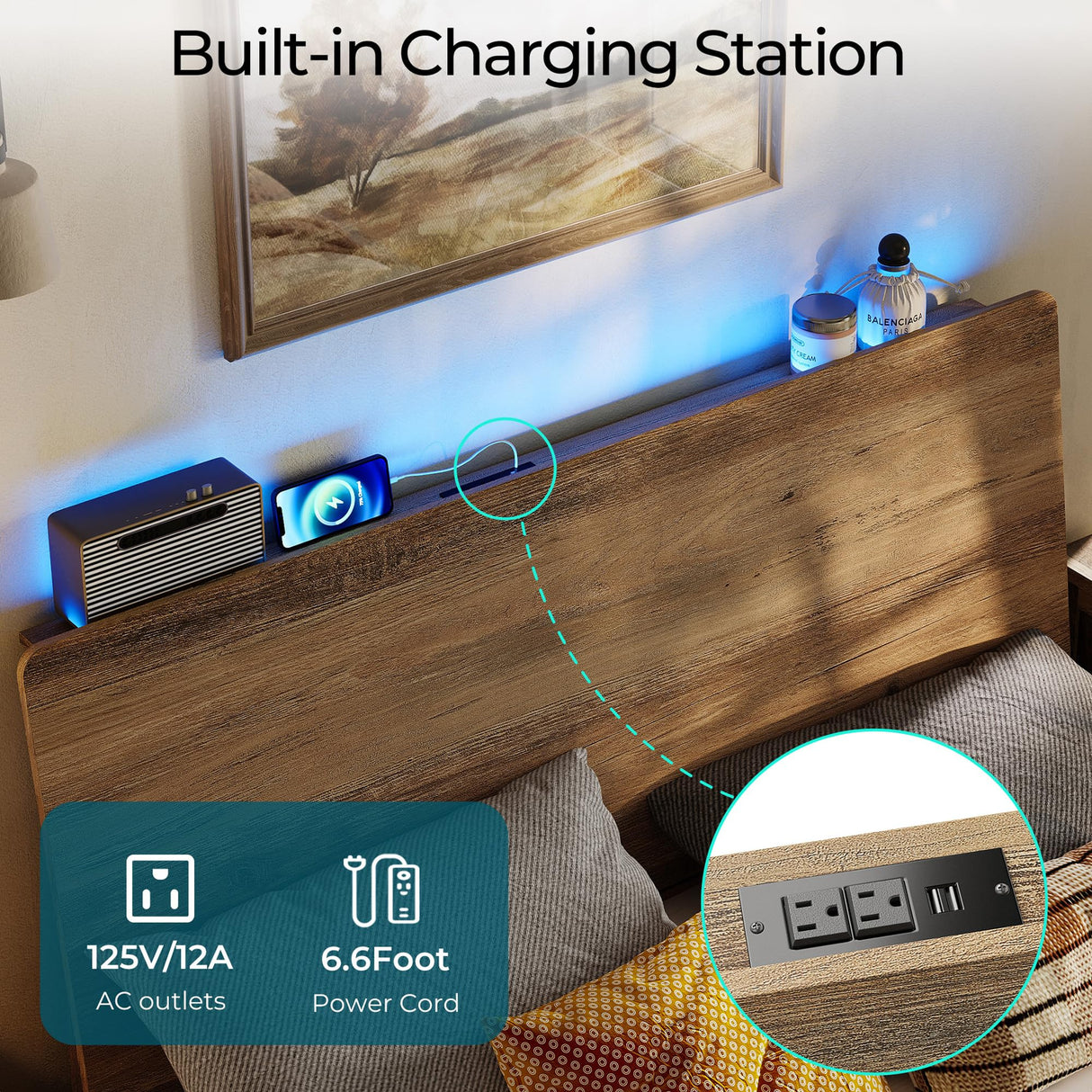 LINSY Wood Bed Frame, Full Bed Frame with Headboard LED, Wooden Platform Frames with Charging Station, No Box Spring Needed, Easy Assembly, Rustic Brown LINSY