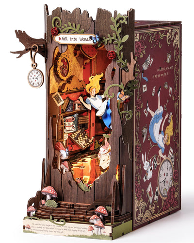 Rolife DIY Book Nook Kits Fall into Wonder, Fairy Tale Bookend Wooden 3D Puzzles for Bookshelf Decor, DIY Miniature House Building Kit for Adults, DIY Crafts/Surprised Gifts for Teens & Book Lovers
