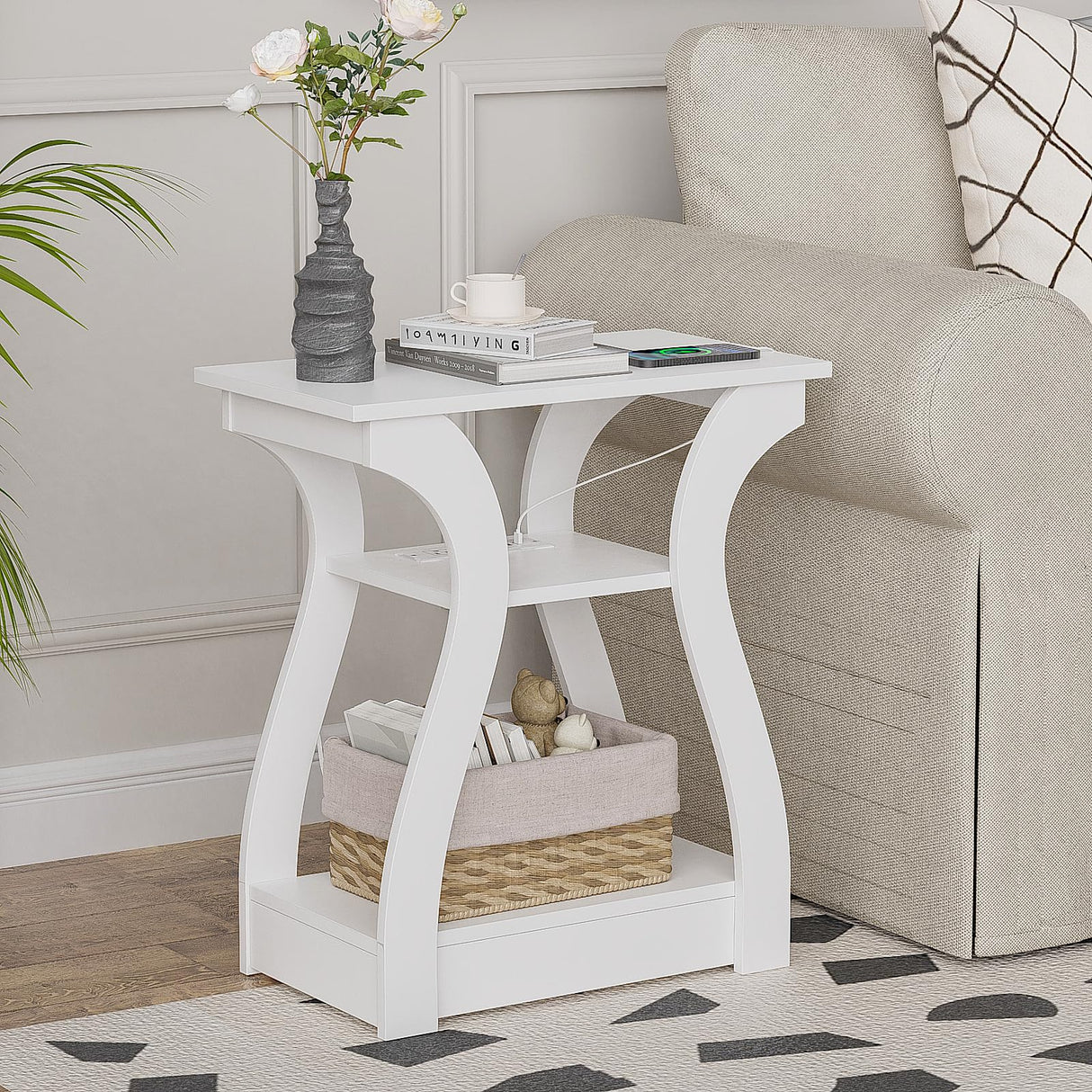 FROMJBEST End Tables Living Room, End Table with Charging Station, White End Table with USB,White Side Table, Nightstand for Bedroom, 3 Tier End Table with Storage Shelf for Living Room White FROMJBEST