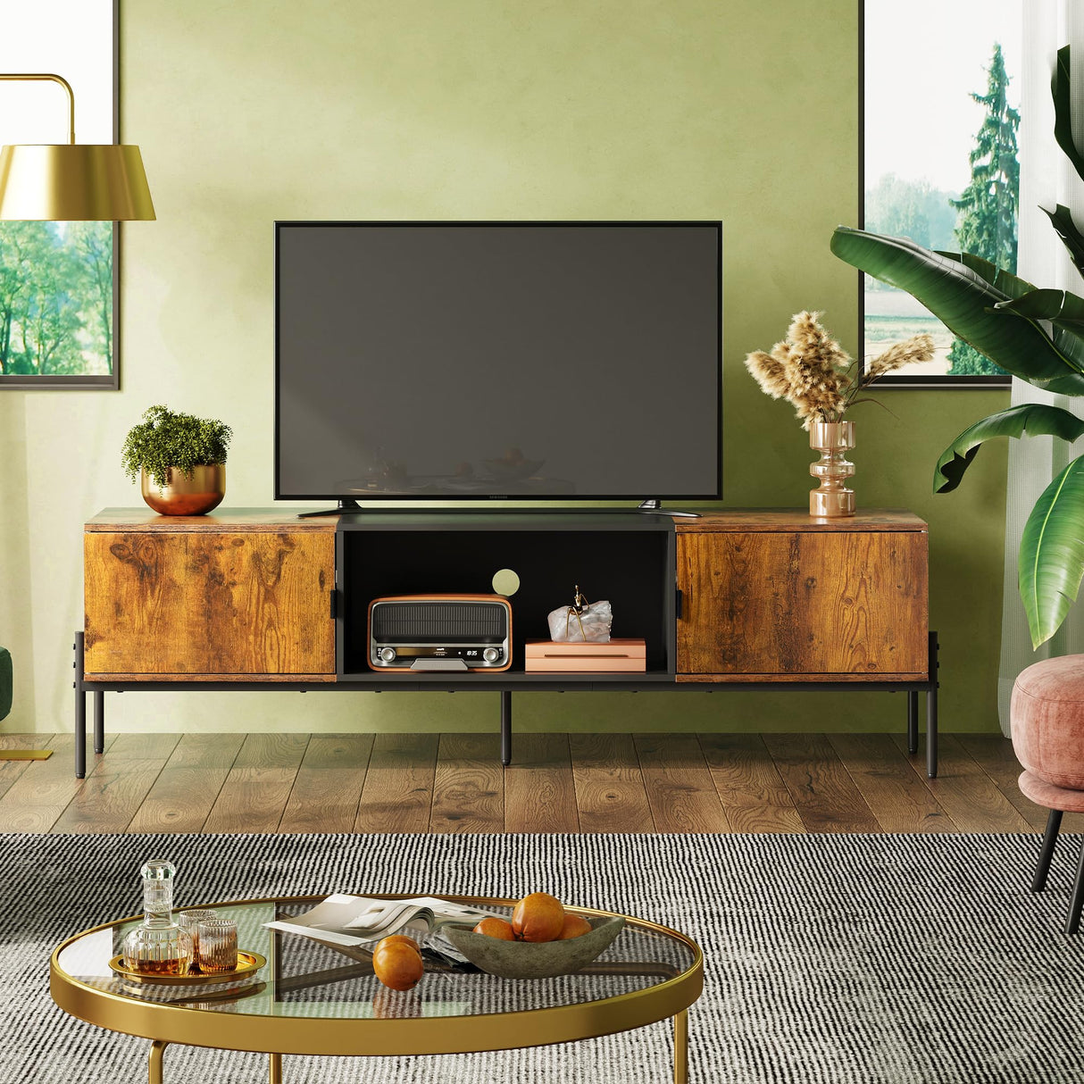 WLIVE Modern TV Stand for 65 Inch TV, Mid Century Entainment Center with Storage, TV Console with Open Shelf and 2 Cabinets for Bedroom and Living Room, TV Cabinet with Metal Legs, Rustic Brown WLIVE