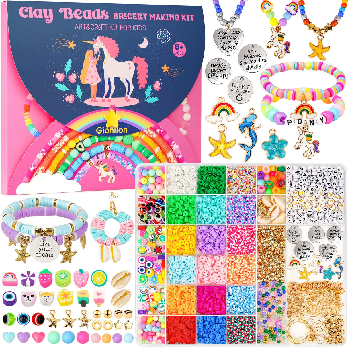 Gionlion Charm Bracelet Making Kit for Girls 8-12, Arts and Crafts Charms for Jewelry Making Supplies Kit with 198Pcs Letter Beads, Unicorn/Mermaid DIY Birthday Mothers Day Gifts Toys Ideas for Kids Gionlion