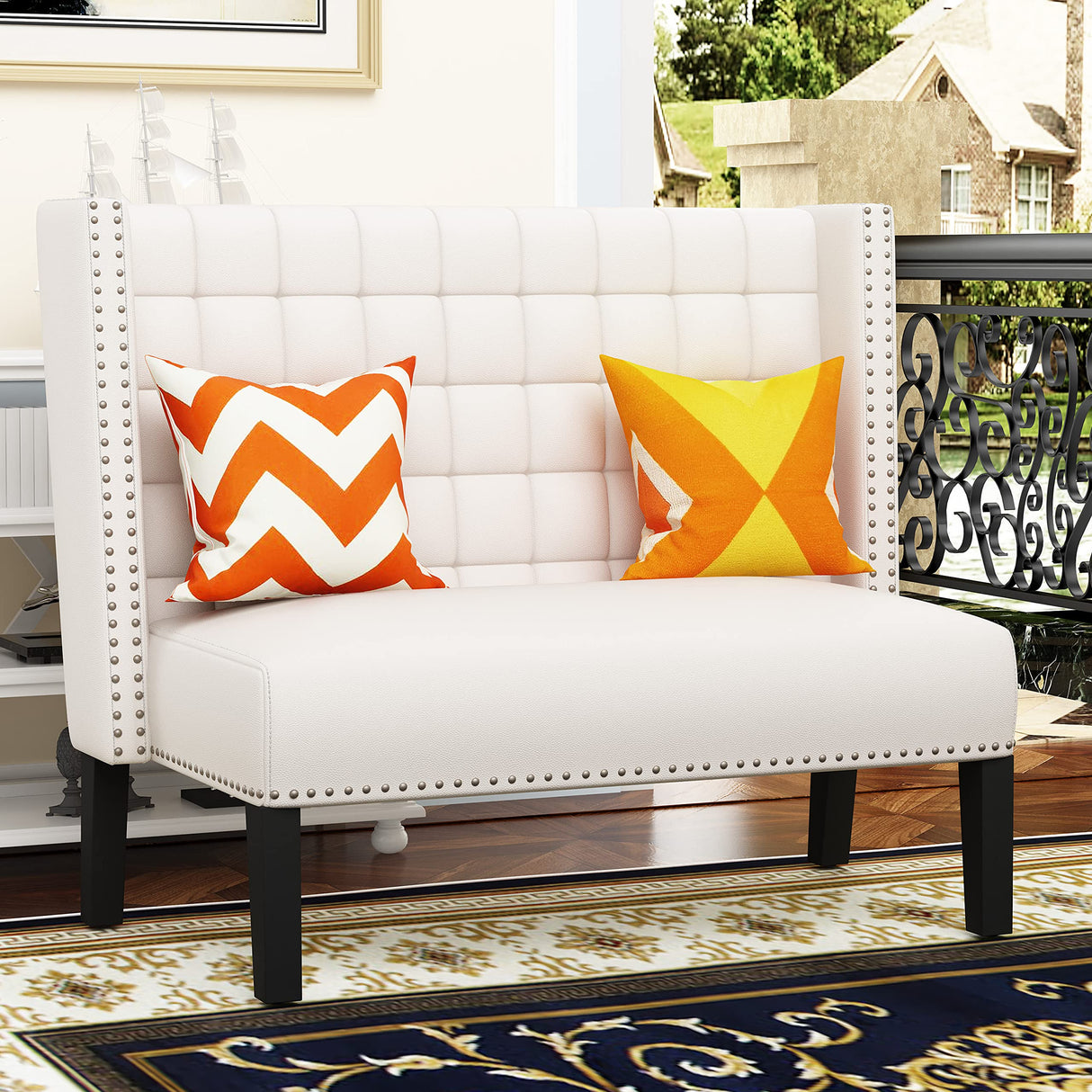 46" Small Modern Loveseat Settee Sofa 2-Seat Sofa Couch Tufted Love Seat Dining Bench with Nail Head Trim Back Banquette Sofas for Living Room Small Space Entryway Hallway,White Tongli