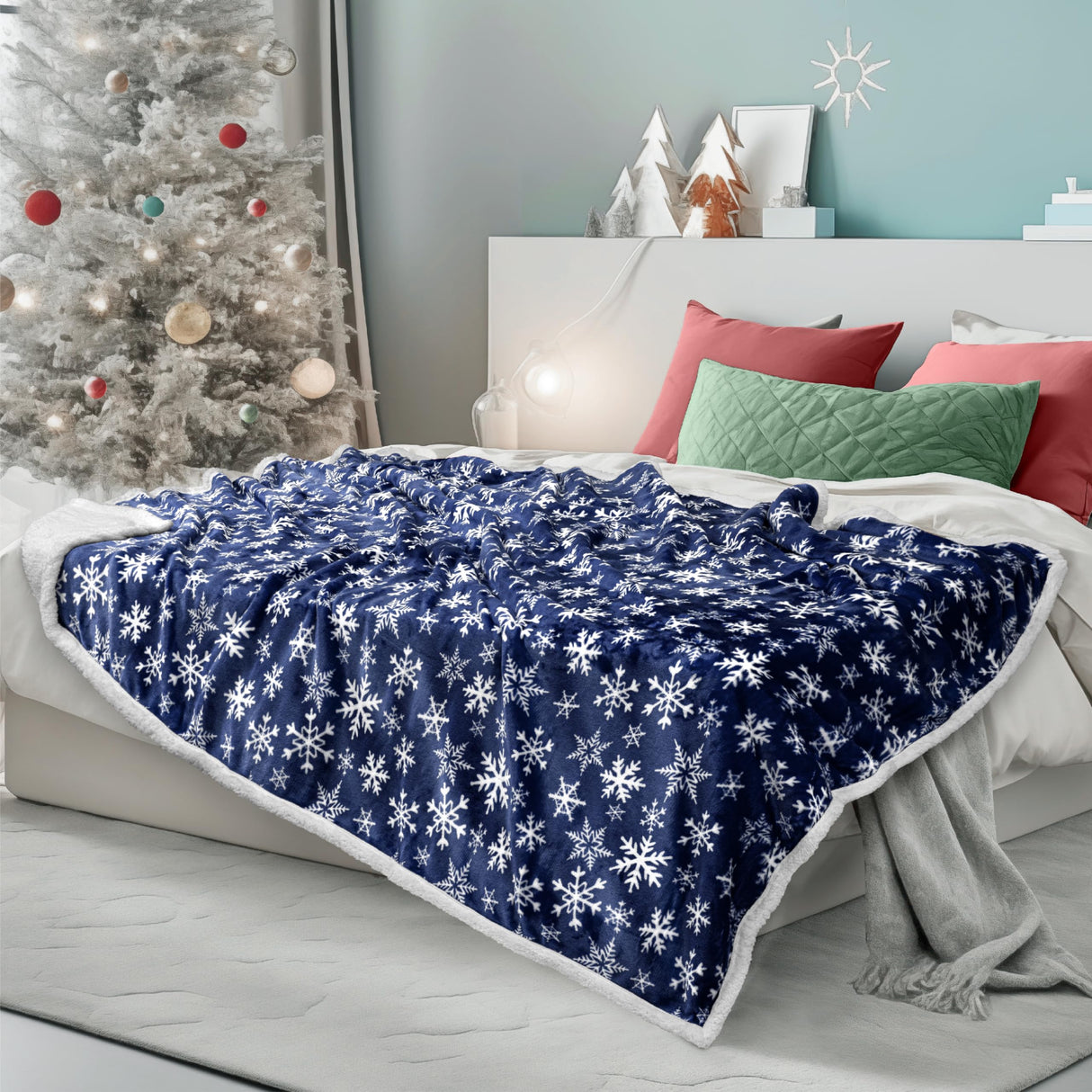 PAVILIA Premium Christmas Sherpa Throw Blanket | Blue Snowflake Decoration, Fleece, Plush, Warm, Cozy Reversible Microfiber Holiday Blanket 50 x 60 Inches PAVILIA
