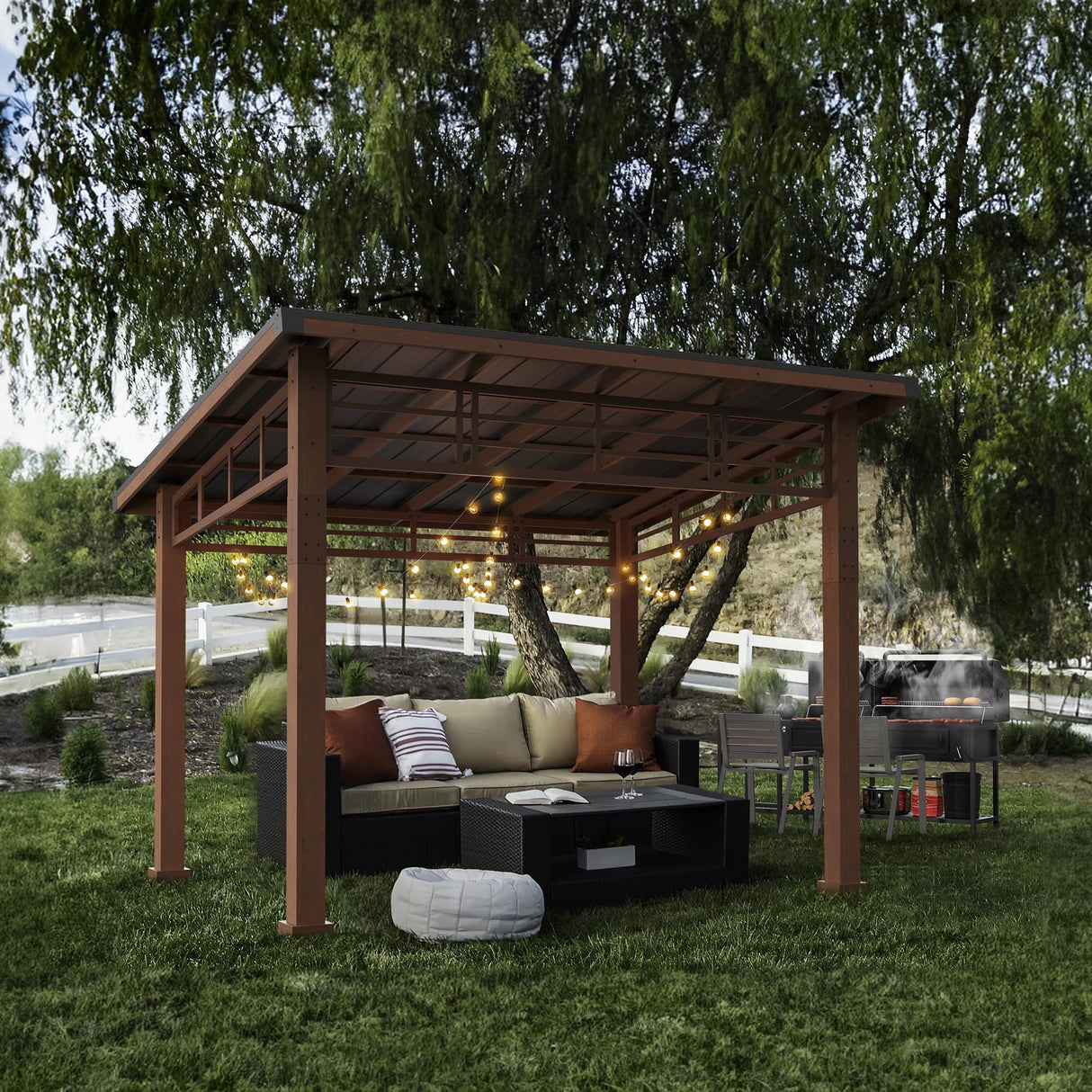 LUE BONA 10x12 Hardtop Gazebo, Outdoor Pergola Metal Roof Gazebo with Wooden Frame, Patio Gazebo Canopy with Curtains, Permanent Pavilion Grill Gazebo for Deck, Patio, Backyard, Garden LUE BONA
