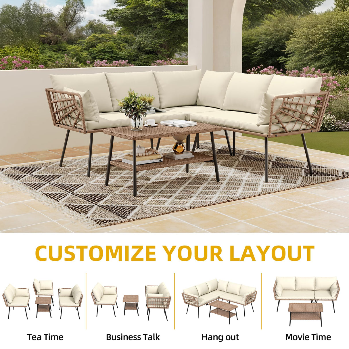 DWVO Outdoor Sectional Sofa Set 4 Piece 5-Seater Rattan Patio Furniture Set with 2-Tier Coffee Table&Cushions L Shape Outdoor Couch Boho Conversation Set for Garden Porch Backyard Relaxation DWVO