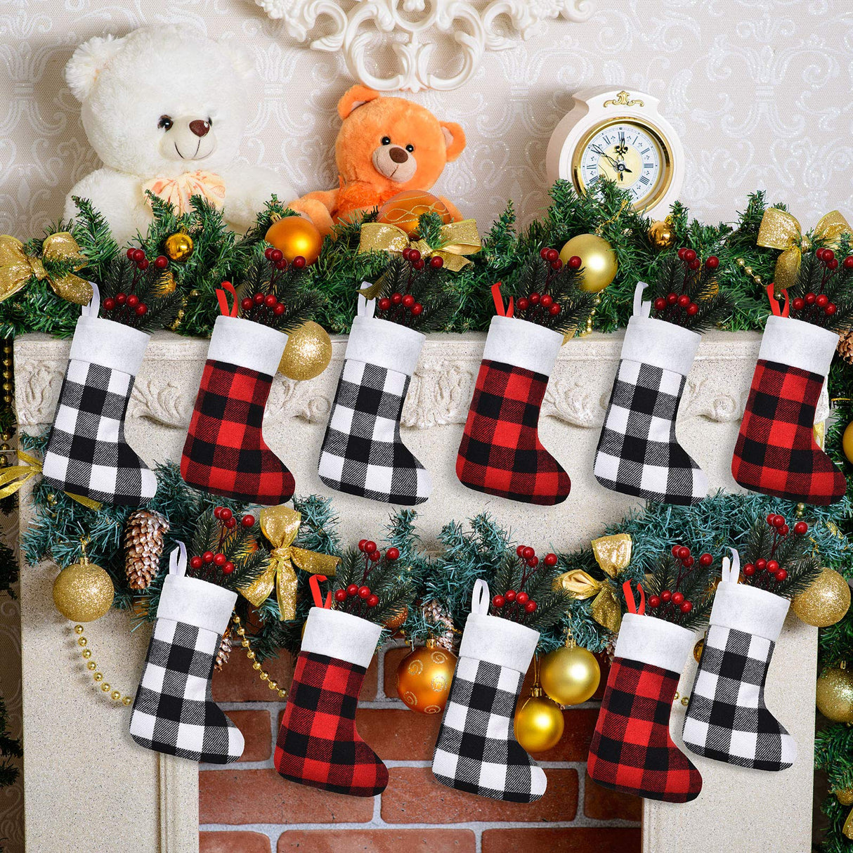 Skylety 24 Pcs Christmas Stockings Bulk Mini Xmas Buffalo Plaid Stocking Plush Cuff Hanging Decorations for Holiday Party Favors(24 Pcs,Red Black, Black White,Plaid) Skylety