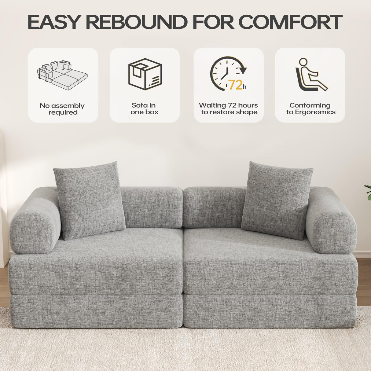 DURASPACE 78.4'' Convertible Folding Sofa Bed, Floor Sleeper Sofa Couch with Fixed-Shape Frame, Compression Comfy Couch in a Box, Boneless Modular Loveseat for Living Room (Chenille Gray) DURASPACE