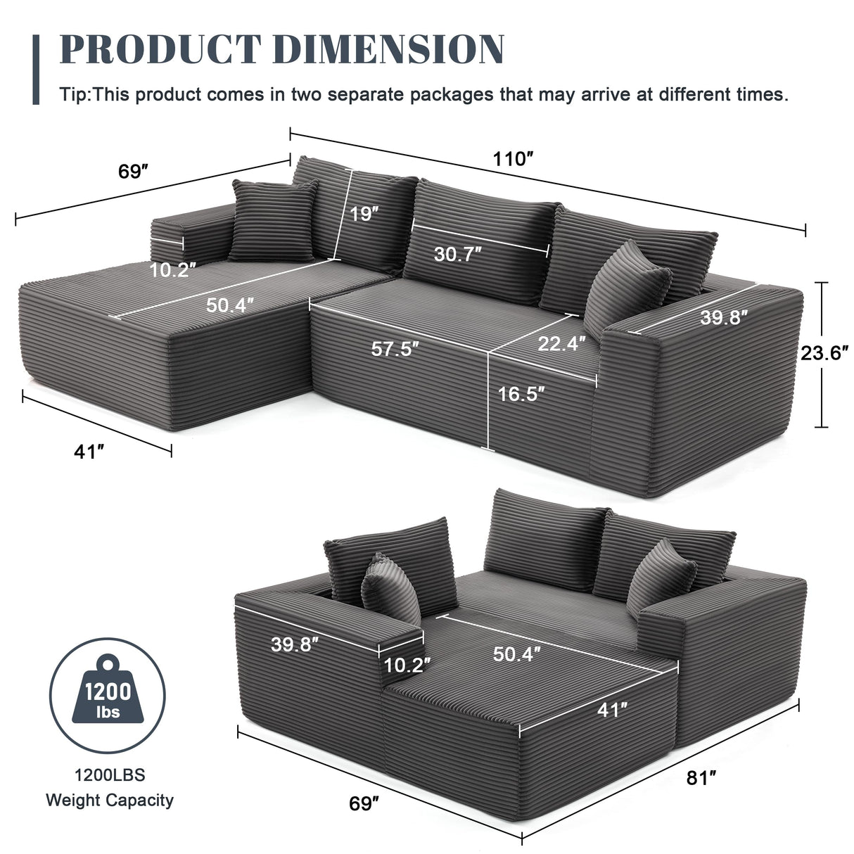 MANGODAN 110” Cloud Sectional Couch, Boneless Sofa for Living Room, Modular Sectional Sofa with Deep Seat, Comfy Fluffy Couch with L-Shaped Chaise, No Assembly Required (Left-Facing Chaise, Dark Grey) Mangodan