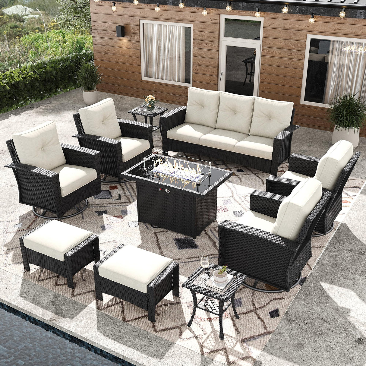 FUARTIO 10 Pieces Outdoor Patio Furniture Set with Fire Pit Table, Wicker Patio Sectional Set Conversation Wicker Swivel Chairs with Small Side Table FUARTIO