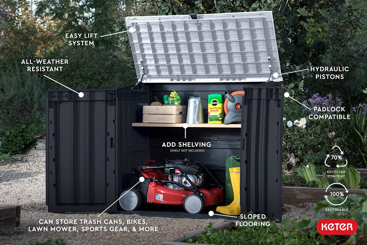 Keter Store-It-Out Prime 4.3 x 3.7 ft. Outdoor Resin Storage Shed with Easy Lift Hinges, Perfect for Yard Tools, Pool Floats and Garden Accessories, Black Keter