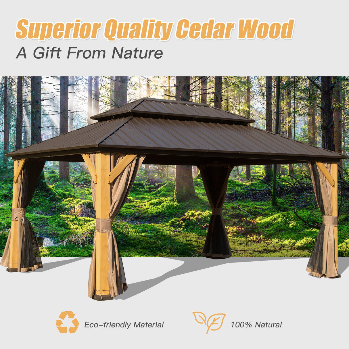 Domi 12x16FT Cedar Wood Gazebo, Solid Wood Hardtop Gazebo with Galvanized Steel Double Roof, Netting & Curtains, Outdoor Gazebo for Patio, Backyard, Deck, Lawns domi outdoor living