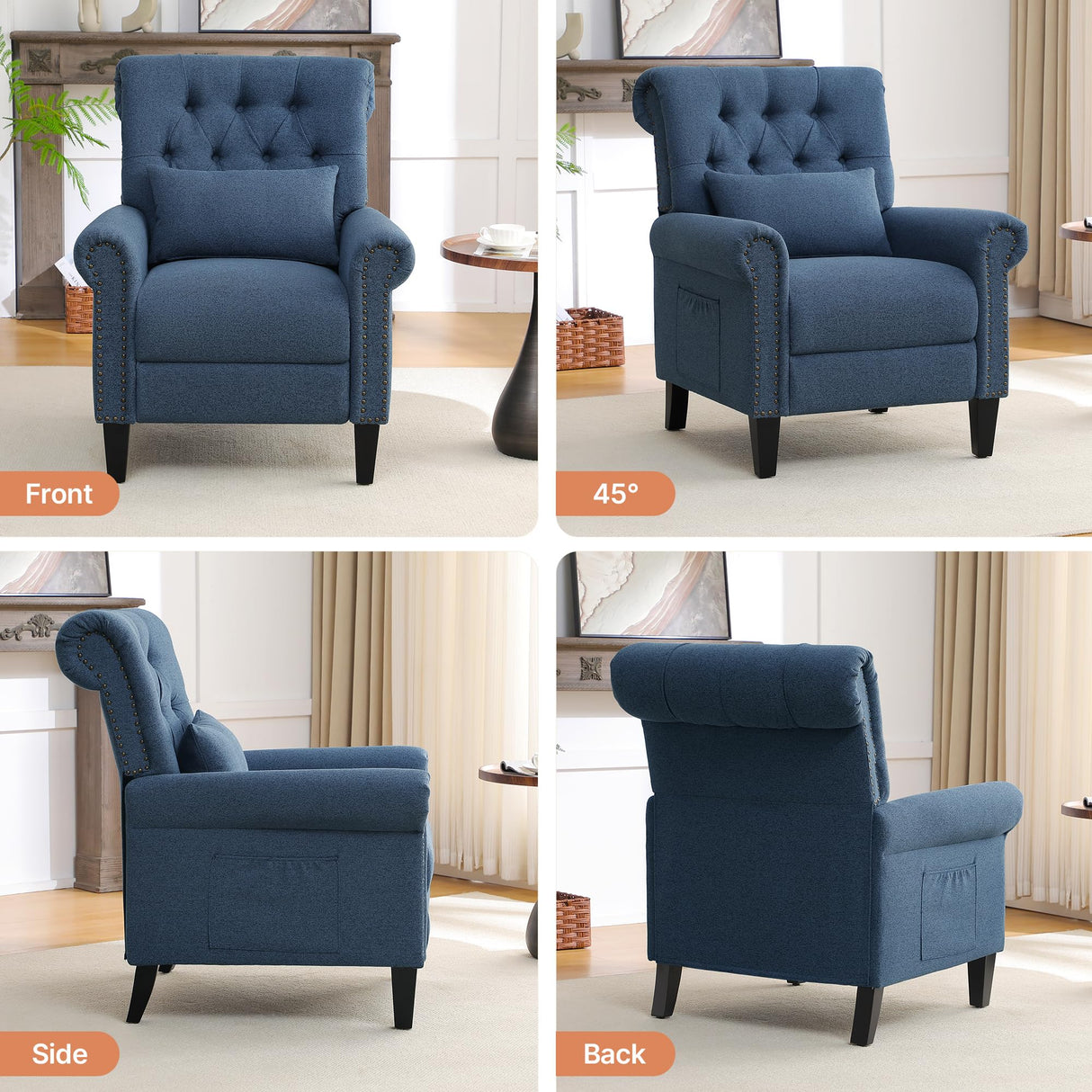 choairy Pushback Recliner Chair, Accent Push Back Chair with Adjustable Footrest Wingback, Upholstered Linen Fabric Reclining Sofa with Side Pocket, Comfy Modern Armchair for Living Room, Navy Blue choairy