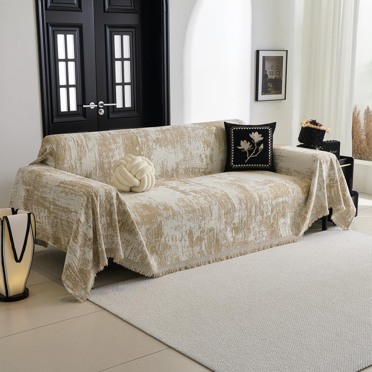 MYSKY HOME Couch Cover for Dogs Washable Couch Sofa Protector for Loveseat Sofa with Cats Pets Friendly Chenille Khaki Abstract Geometric Sofa Covers Soft Durable Farmhouse Sofa Slipcovers, 71" X102" MYSKY HOME