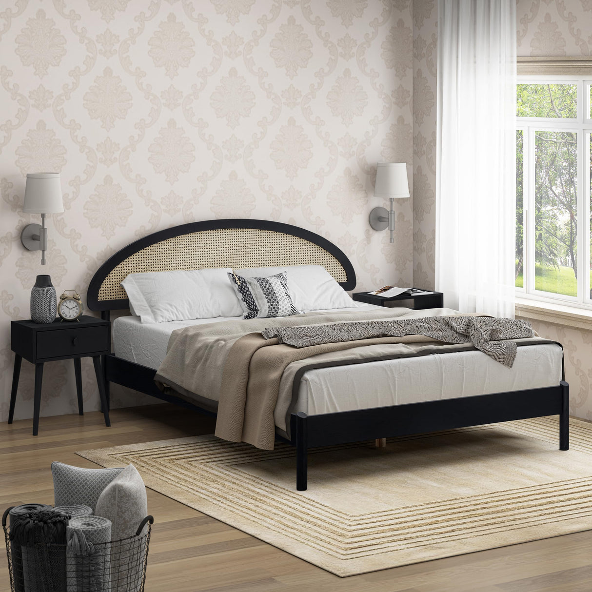 NTC Gem Wooden Bed Frame with Headboard and Natural Rattan, Solid Oak Foundation with Silent Slats, 1000 Lb Capacity, Effortless Assembly, Queen - Burnt Black NTC