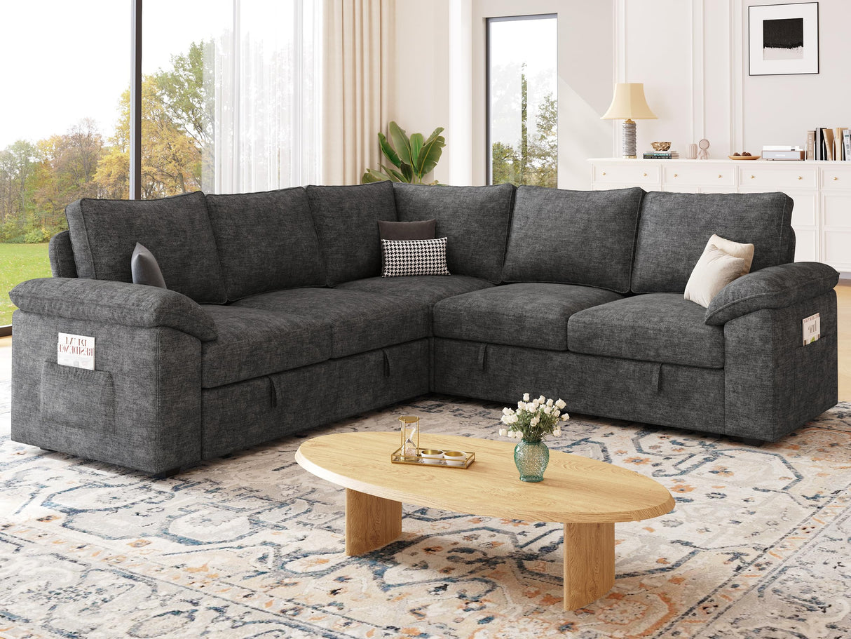 SUAWY 85 Inch Modular Sectional Sofa with Pull Out Bed,L Shaped 5 Seat Sectional Sleeper Sofa with Storage,Sectional Couches for Living Room,Cloud Modular Couch,Removable Sofa Cover,Dark Grey SUAWY